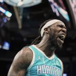 
              Charlotte Hornets center Montrezl Harrell (8) reacts after blocking a shot during the first half of an NBA basketball game against the Orlando Magic on Thursday, April 7, 2022, in Charlotte, N.C. (AP Photo/Rusty Jones)
            