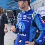 
              Jimmie Johnson prepares for practice at the Grand Prix of Long Beach, Calif., on Saturday, April 9, 2022. Johnson fractured his hand in a crash on Friday and was fitted with a carbon fiber splint that he tested in Saturday practice. (AP Photo/Jenna Fryer)
            