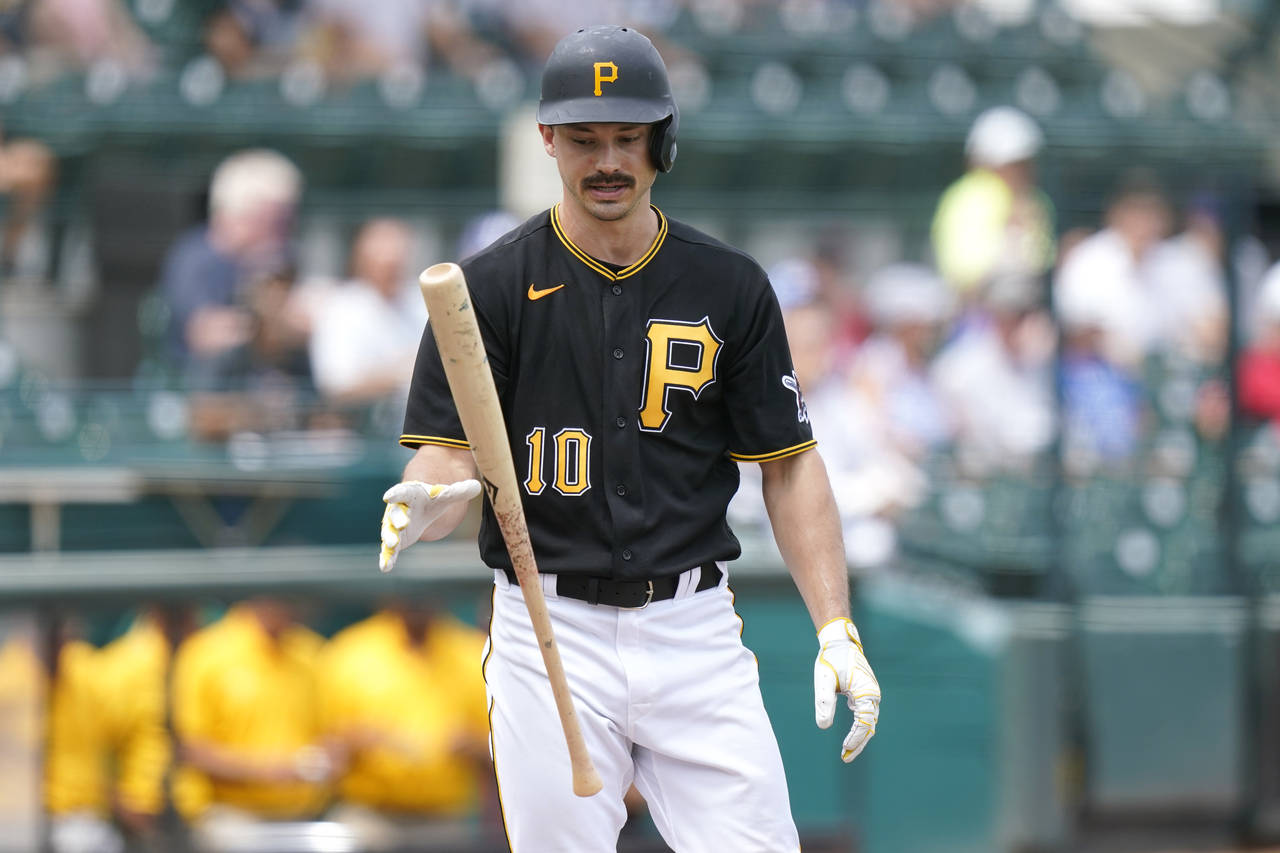 Pittsburgh Pirates' Bryan Reynolds tosses his bat after striking out during the third inning of a s...