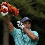 
              Tiger Woods takes the head cover off of his driver on the 11th tee during the second round at the Masters golf tournament on Friday, April 8, 2022, in Augusta, Ga. (AP Photo/Robert F. Bukaty)
            