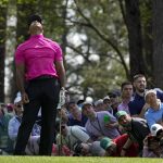 
              Tiger Woods reacts to his tee shot on the fourth hole during the first round at the Masters golf tournament on Thursday, April 7, 2022, in Augusta, Ga. (AP Photo/Robert F. Bukaty)
            