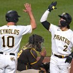 
              Pittsburgh Pirates' Michael Chavis (2) celebrates with Bryan Reynolds (10) after hitting a two-run home run off San Diego Padres relief pitcher Steven Wilson during the eighth inning of a baseball game in Pittsburgh, Saturday, April 30, 2022. (AP Photo/Gene J. Puskar)
            