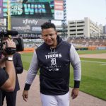 
              Detroit Tigers designated hitter Miguel Cabrera walks to the dugout after an interview after the first baseball game of a doubleheader against the Colorado Rockies, Saturday, April 23, 2022, in Detroit. (AP Photo/Carlos Osorio)
            