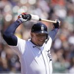 
              Detroit Tigers designated hitter Miguel Cabrera prepares to bat during the first inning of the first baseball game of a doubleheader against the Rockies, Saturday, April 23, 2022, in Detroit. (AP Photo/Carlos Osorio)
            