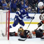 
              Tampa Bay Lightning center Anthony Cirelli (71) clelbrates his goal past Anaheim Ducks goaltender Anthony Stolarz (41) and defenseman Cam Fowler (4) during overtime an NHL hockey game Thursday, April 14, 2022, in Tampa, Fla. (AP Photo/Chris O'Meara)
            