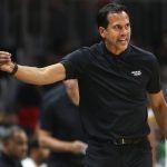 
              Miami Heat coach Erik Spoelstra gestures during the first half of Game 3 of the team's NBA basketball first-round playoff series against the Atlanta Hawks on Friday, April 22, 2022, in Atlanta. (AP Photo/Brett Davis)
            