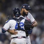 
              Atlanta Braves relief pitcher Kenley Jansen, right, and catcher Travis d'Arnaud celebrate the team's 5-2 win over the San Diego Padres in a baseball game in San Diego, Friday, April 15, 2022. (AP Photo/Kyusung Gong)
            
