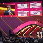 
              Former Brazilian soccer international Cafu is seen on screen alongside some of the groups during the 2022 soccer World Cup draw at the Doha Exhibition and Convention Center in Doha, Qatar, Friday, April 1, 2022. (AP Photo/Darko Bandic)
            