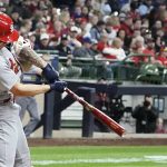 
              St. Louis Cardinals' Tyler O'Neill hits a single during the sixth inning of a baseball game against the Milwaukee Brewers Saturday, April 16, 2022, in Milwaukee. (AP Photo/Morry Gash)
            