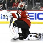 
              New Jersey Devils goaltender Andrew Hammond (35) reacts after allowing a goal during the second period of an NHL hockey game against the Buffalo Sabres, Thursday, April 21, 2022, in Newark, N.J. (AP Photo/Bill Kostroun)
            