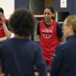 
              USA National Basketball Team's A'ja Wilson, center, teammate to Brittney Griner who is imprisoned in Russia, and teammates take part in a spring training practice session, Friday, April 1, 2022, in Minneapolis. (AP Photo/Eric Gay)
            