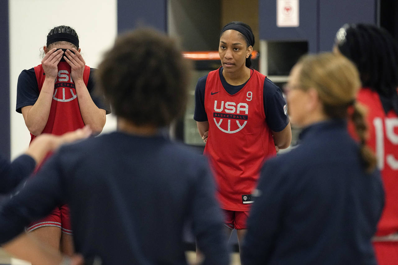 USA National Basketball Team's A'ja Wilson, center, teammate to Brittney Griner who is imprisoned i...