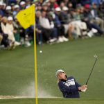 
              Cameron Smith, of Australia, hits out of a bunker on the 16th hole during the third round at the Masters golf tournament on Saturday, April 9, 2022, in Augusta, Ga. (AP Photo/Jae C. Hong)
            