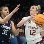
              Stanford's Lexie Hull tries to get past UConn's Azzi Fudd during the first half of a college basketball game in the semifinal round of the Women's Final Four NCAA tournament Friday, April 1, 2022, in Minneapolis. (AP Photo/Eric Gay)
            