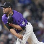
              Colorado Rockies relief pitcher Jhoulys Chacin works against the Chicago Cubs during the sixth inning of a baseball game Saturday, April 16, 2022, in Denver. (AP Photo/David Zalubowski)
            