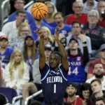 
              Villanova guard Bryan Antoine (1) shoots against Kansas during the first half of a college basketball game in the semifinal round of the Men's Final Four NCAA tournament, Saturday, April 2, 2022, in New Orleans. (AP Photo/Gerald Herbert)
            