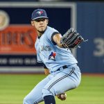 
              Toronto Blue Jays starting pitcher Jose Berrios throws during first-inning baseball game action against the Boston Red Sox in Toronto, Monday, April 25, 2022. (Christopher Katsarov/The Canadian Press via AP)
            