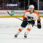 
              Philadelphia Flyers right wing Bobby Brink skates on the ice during the first period of the team's NHL hockey game against the Washington Capitals, Tuesday, April 12, 2022, in Washington. It is Brink's first game in the league. (AP Photo/Alex Brandon)
            