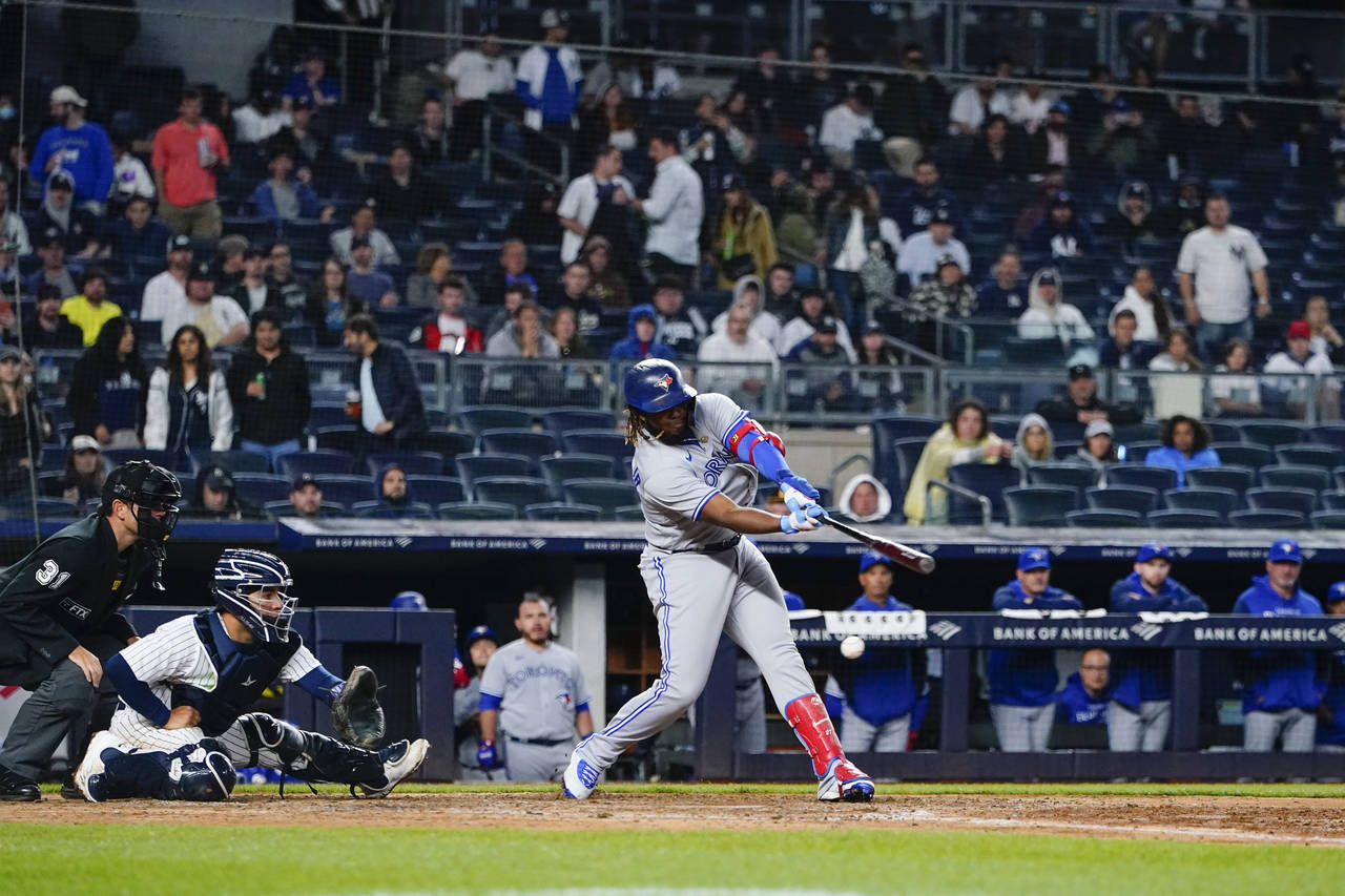 Toronto Blue Jays' Vladimir Guerrero Jr. strikes out during the eighth inning of the team's basebal...