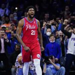 
              Philadelphia 76ers' Joel Embiid reacts after making a basket during the first half of Game 2 of an NBA basketball first-round playoff series against the Toronto Raptors, Monday, April 18, 2022, in Philadelphia. (AP Photo/Matt Slocum)
            