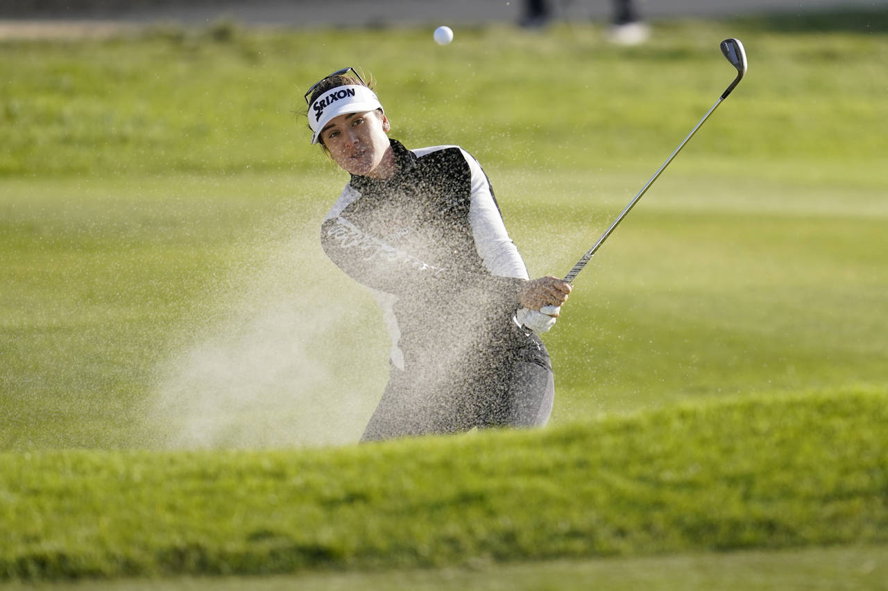 Hannah Green hits from the sand on to the 16th green during the second round of the LPGA's Palos Ve...