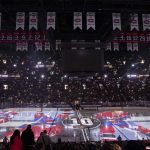 
              Images of hockey great Guy Lafleur are projected onto the ice during a ceremony at Bell Centre prior to an NHL hockey game between the Montreal Canadiens and the Boston Bruins in Montreal, Sunday, April 24, 2022. Lafleur passed away on April 22 at the age of 70. (Graham Hughes/The Canadian Press via AP)
            