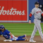 
              Toronto Blue Jays' Bo Bichette steals second base next to Boston Red Sox second baseman Trevor Story during the first inning of a baseball game Wednesday, April 27, 2022, in Toronto. (Christopher Katsarov/The Canadian Press via AP)
            