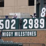 
              The Miguel Cabrera count down to 3000 hits advances after Cabrera's single during the ninth inning of a baseball game between the Detroit Tigers and the Chicago White Sox, Saturday, April 9, 2022, in Detroit. (AP Photo/Carlos Osorio)
            