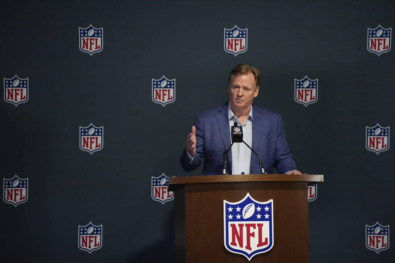 NFL Commissioner Roger Goodell answers questions from reporters, at a press conference after the c...