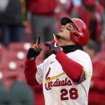 
              St. Louis Cardinals' Nolan Arenado celebrates after hitting a two-run home run during the eighth inning of a baseball game against the Pittsburgh Pirates Thursday, April 7, 2022, in St. Louis. (AP Photo/Jeff Roberson)
            