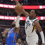 
              Utah Jazz guard Trent Forrest (3) defends against Oklahoma City Thunder Zavier Simpson (9) during the first half of an NBA basketball game Wednesday, April 6, 2022, in Salt Lake City. (AP Photo/Rick Bowmer)
            