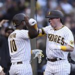 
              San Diego Padres' Jake Cronenworth, right, celebrates with Jurickson Profar (10) after hitting a solo home run against the Los Angeles Dodgers in the third inning of a baseball game Saturday, April 23, 2022, in San Diego. (AP Photo/Derrick Tuskan)
            