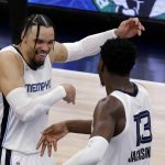 
              Memphis Grizzlies forward Dillon Brooks (24) celebrates with forward Jaren Jackson Jr. (13) after the Grizzlies the Minnesota Timberwolves in Game 6 of an NBA basketball first-round playoff series Friday, April 29, 2022, in Minneapolis. (AP Photo/Andy Clayton-King)
            