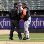 
              Baltimore Orioles manager Brandon Hyde, right, argues with umpire Rob Drake, left, after being ejected from a baseball game against the Oakland Athletics during the fourth inning in Oakland, Calif., Thursday, April 21, 2022. (AP Photo/Jed Jacobsohn)
            