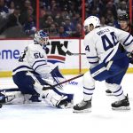 
              Toronto Maple Leafs goaltender Erik Kallgren (50) is scored on by Ottawa Senators center Dylan Gambrell, not seen, during the second period of an NHL hockey game in Ottawa, Ontario, Saturday, April 16, 2022. (Justin Tang/The Canadian Press via AP)
            