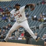
              Detroit Tigers pitcher Michael Pineda throws against the Minnesota Twins during the first inning of a baseball game, Wednesday, April 27, 2022, in Minneapolis. (AP Photo/Craig Lassig)
            