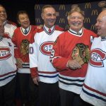
              FILE - Montreal Canadiens and Chicago Blackhawks hockey legends, from left, Henri Richard, Ken Dryden, Tony Esposito, Guy Lafleur, Bobby Hull and Yvan Cournoyer pose for a photograph prior to a ceremony, Tuesday, Jan. 8, 2008, in Montreal. Hockey Hall of Famer Guy Lafleur, who helped the Montreal Canadiens win five Stanley Cup titles in the 1970s, died Friday, April 22, 2022, at age 70.(AP Photo/The Canadian Press, Paul Chiasson, File)
            