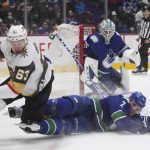 
              Vegas Golden Knights' Evgenii Dadonov (63) and Vancouver Canucks' Luke Schenn (2) collide in front of Canucks goalie Thatcher Demko during the second period of an NHL hockey game Tuesday, April 12, 2022, in Vancouver, British Columbia. (Darryl Dyck/The Canadian Press via AP)
            