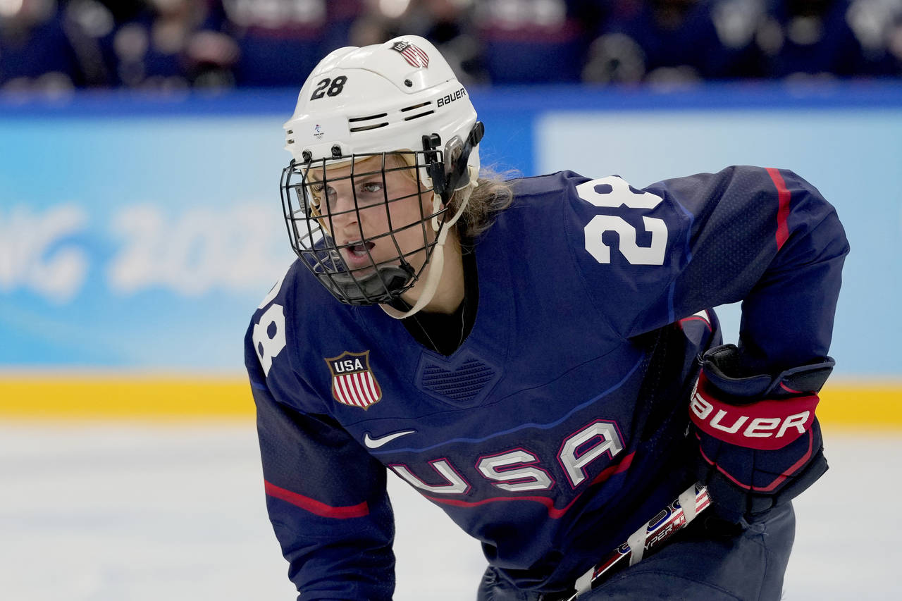 FILE - United States' Amanda Kessel plays against Finland during a women's semifinal hockey game at...