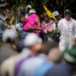 
              Tiger Woods tees off on the seventh hole during the first round at the Masters golf tournament on Thursday, April 7, 2022, in Augusta, Ga. (AP Photo/Matt Slocum)
            