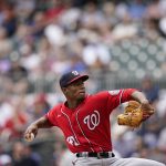 
              Washington Nationals starting pitcher Josiah Gray (40) works during the first inning of a baseball game against the Atlanta Braves, Wednesday, April 13, 2022, in Atlanta. (AP Photo/Brynn Anderson)
            