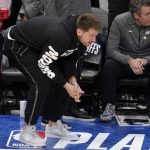 
              Dallas Mavericks' Luka Doncic leans down as he watches play late in the second half of Game 1 of an NBA basketball first-round playoff series against the Utah Jazz, Saturday, April 16, 2022, in Dallas. (AP Photo/Tony Gutierrez)
            