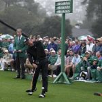 
              Gary Player hits his tee shot during the honorary starter ceremony before the first round at the Masters golf tournament on Thursday, April 7, 2022, in Augusta, Ga. (AP Photo/Matt Slocum)
            