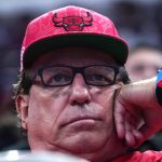 
              A Chicago Bulls fan reacts as he watches during the second half of Game 3 of a first-round NBA basketball playoff series against  the Milwaukee Bucks, Friday, April 22, 2022, in Chicago. (AP Photo/Nam Y. Huh)
            