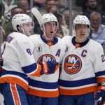 
              New York Islanders' Noah Dobson (8), Brock Nelson (29) and Anders Lee (27) celebrate a goal scored by Nelson in the second period of an NHL hockey game against the Dallas Stars, Tuesday, April 5, 2022, in Dallas. Dobson had the assist on the goal. (AP Photo/Tony Gutierrez)
            