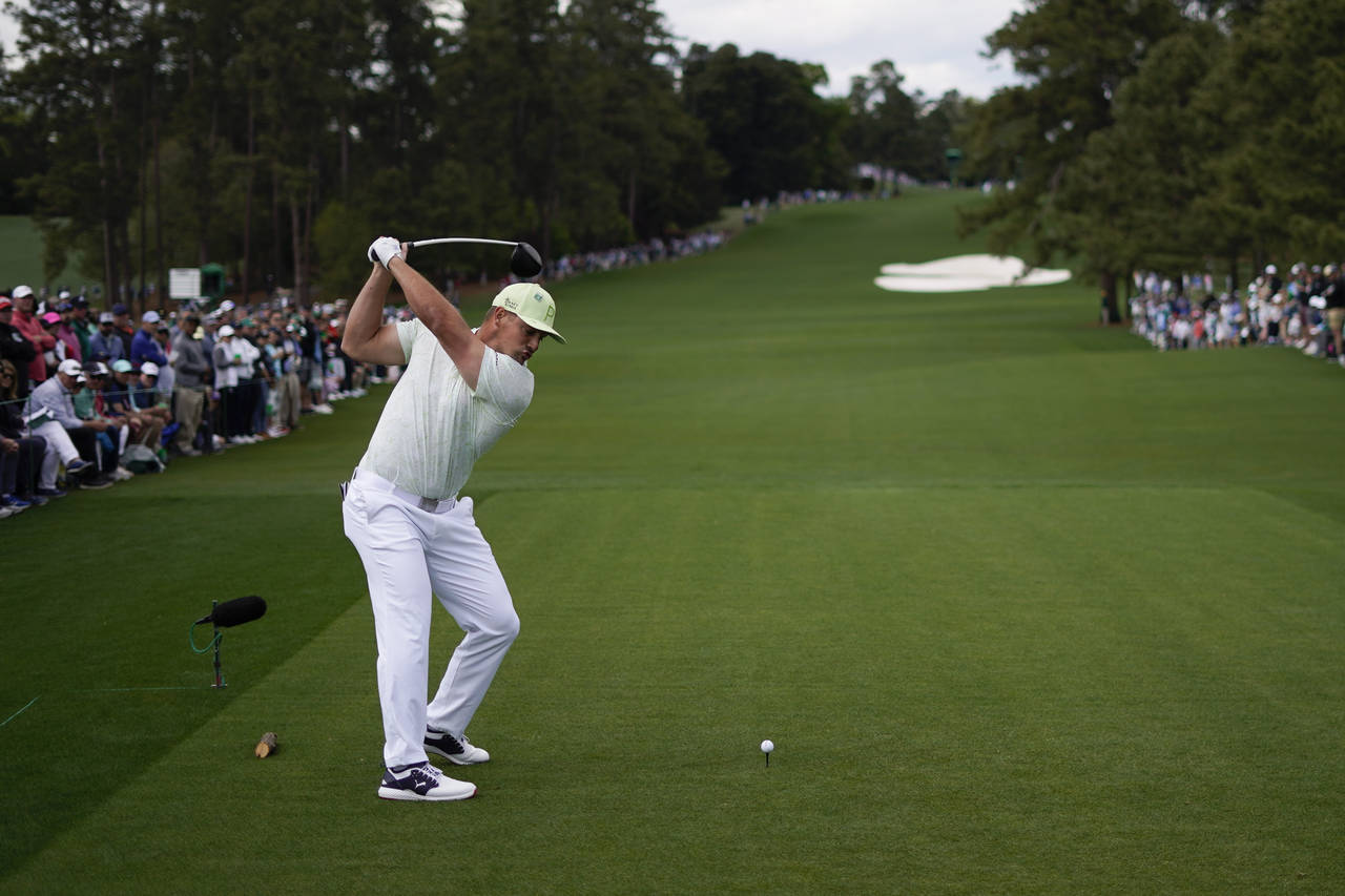 Bryson DeChambeau prepares to tee off on the eighth hole during the second round at the Masters gol...