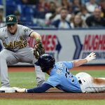 
              Oakland Athletics third baseman Sheldon Neuse (26) tags out Tampa Bay Rays' Brett Phillips at third after Phillips tried to go from first base to third on a single during the fifth inning of a baseball game Tuesday, April 12, 2022, in St. Petersburg, Fla. (AP Photo/Chris O'Meara)
            