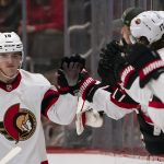 
              Ottawa Senators right wing Drake Batherson (19) celebrates his goal against the Detroit Red Wings in the second period of an NHL hockey game Tuesday, April 12, 2022, in Detroit. (AP Photo/Paul Sancya)
            
