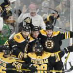
              Boston Bruins left wing Taylor Hall, right, celebrates after his goal against the Florida Panthers during the first period of an NHL hockey game, Tuesday, April 26, 2022, in Boston. (AP Photo/Charles Krupa)
            