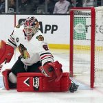 
              Chicago Blackhawks goaltender Collin Delia stops a shot during the second period of the team's NHL hockey game against the Los Angeles Kings on Thursday, April 21, 2022, in Los Angeles. (AP Photo/Marcio Jose Sanchez)
            